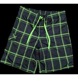 90s Style Green And Black Plaid Board Shorts by OP